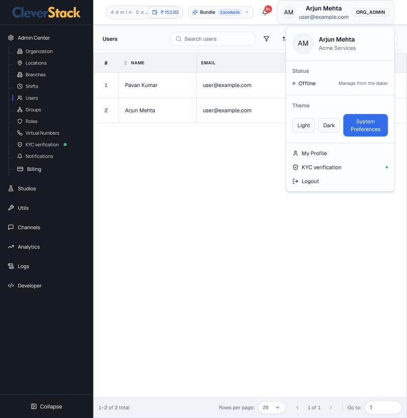 Profile menu