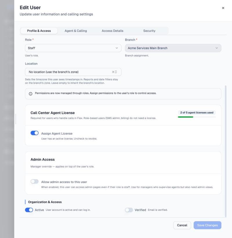 Agent licence, admin access and account status