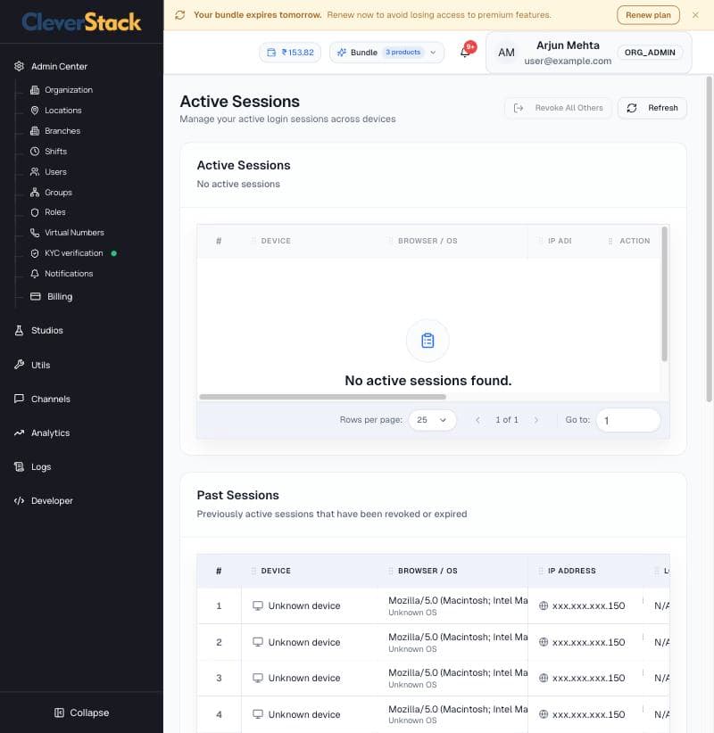 Active and past sessions