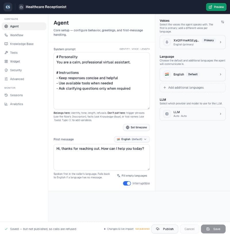 Agent: prompt, greeting, voice, language and model