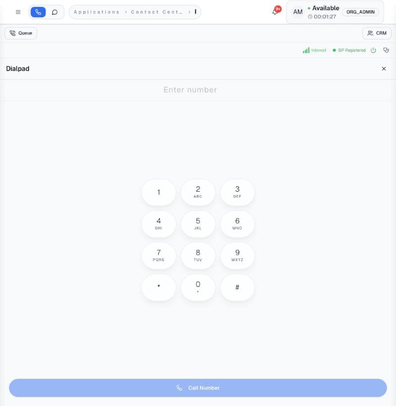 Available, line registered, dial pad open