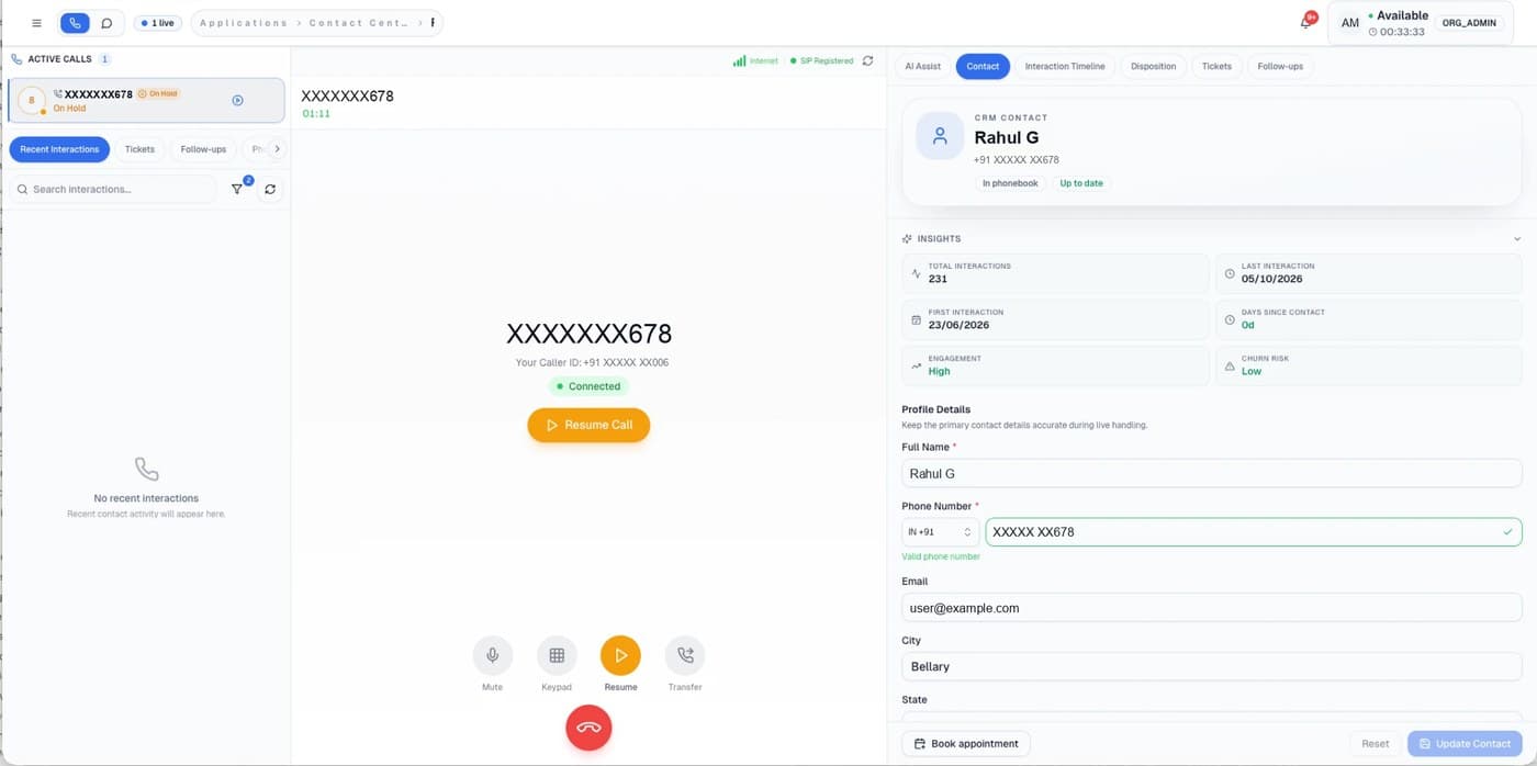 On hold: Resume Call and an On Hold tag in Active calls